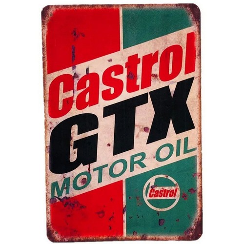 Castrol Oil Gtx - ป้ายโลหะคาสตรอล GTX มอเตอร์ ออยล์ ตกแต่งผนังร้านซ่อมรถสไตล์เรโทร สำหรับตกแต่งห้องแมนเคฟหรือโรงรถ